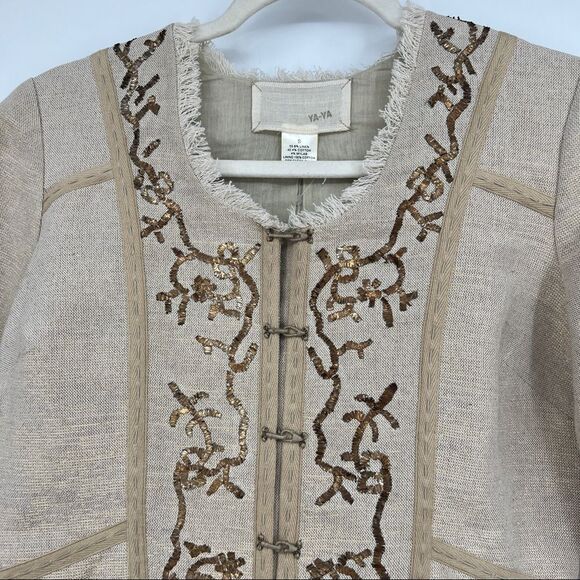 YA-YA Raw Edge Embroidered Canvas Roundneck Hook and Loop Beige Jacket - Picture 4 of 12